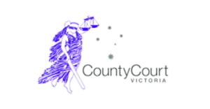 Purple Lady Justice holding scales with the text “County Court Victoria” underneath.