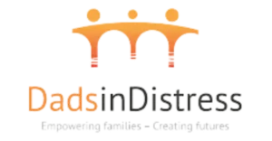 The Dads in Distress logo shows three orange figures linked together above the name.