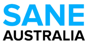 The SANE Australia logo has bold blue “SANE” above black “AUSTRALIA.”