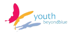 Colorful butterfly with yellow and blue streaks beside the text “youth beyondblue.”
